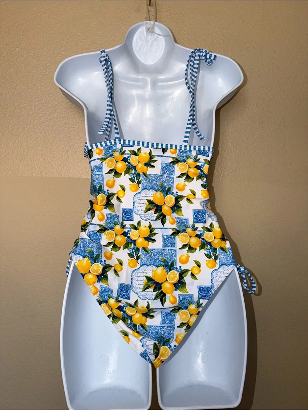 Women's Boho Lemon Print One-Piece Swimsuit - Blue & Yellow
